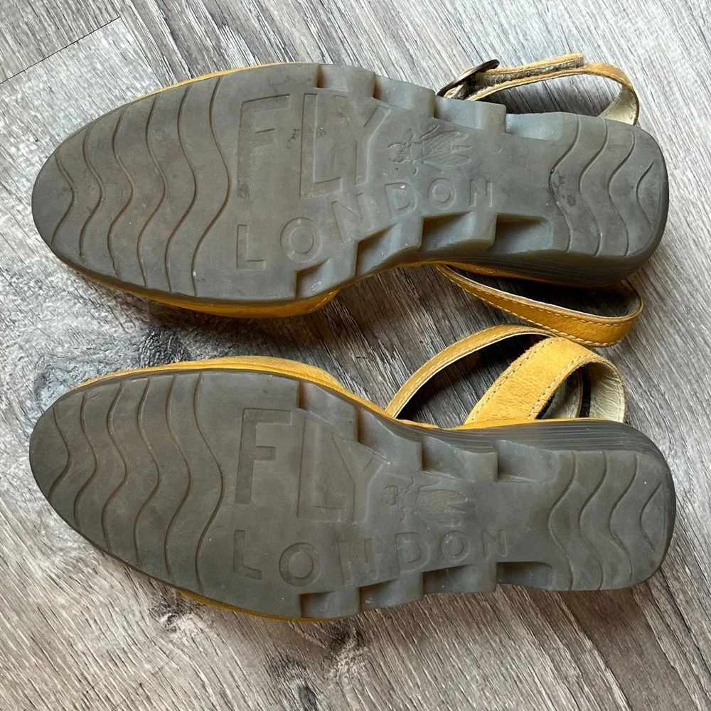 Fly London Yellow Leather‎ Wedge Peep Toe Ankle Strap Sandals EU 38 US 7.5